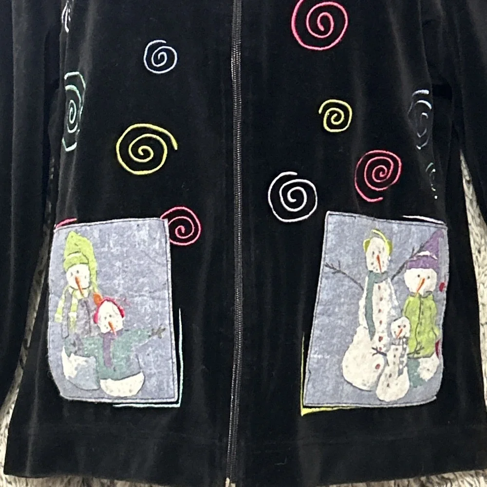 Snowman Snow Velour Zip Jacket 80's 90's Abstract‎ Winter Faux Fur Collar Sz M